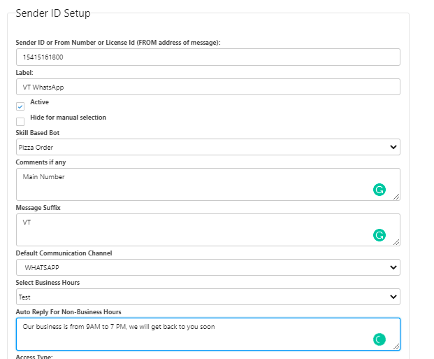 ValueText Sender ID Setup form in Salesforce, with the Sender ID field set to a phone number, Label set to