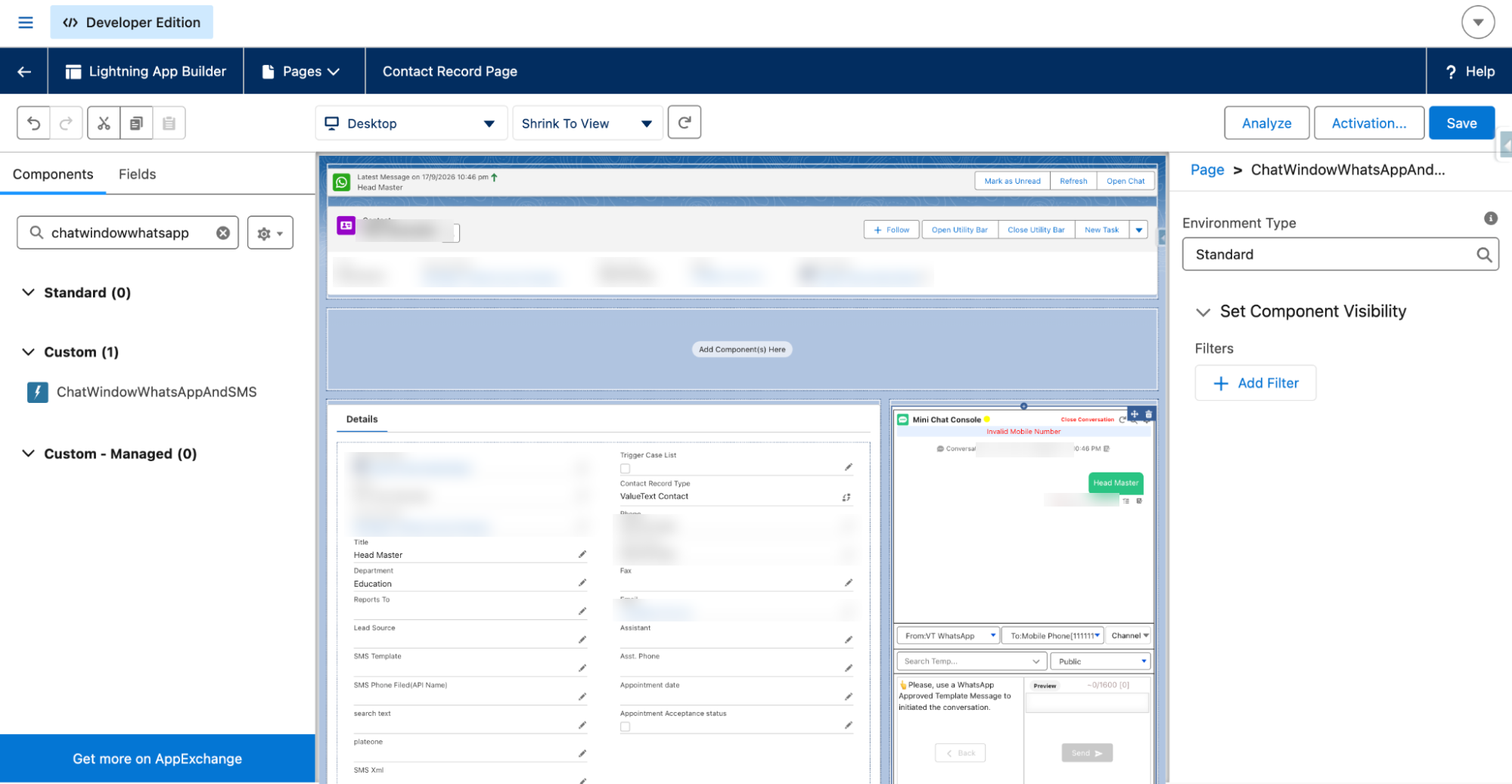 Lightning App Builder editing a Contact record page, with the ChatWindowWhatsAppAndSMS component (Mini Chat Console) placed in the layout beside the record's related list.