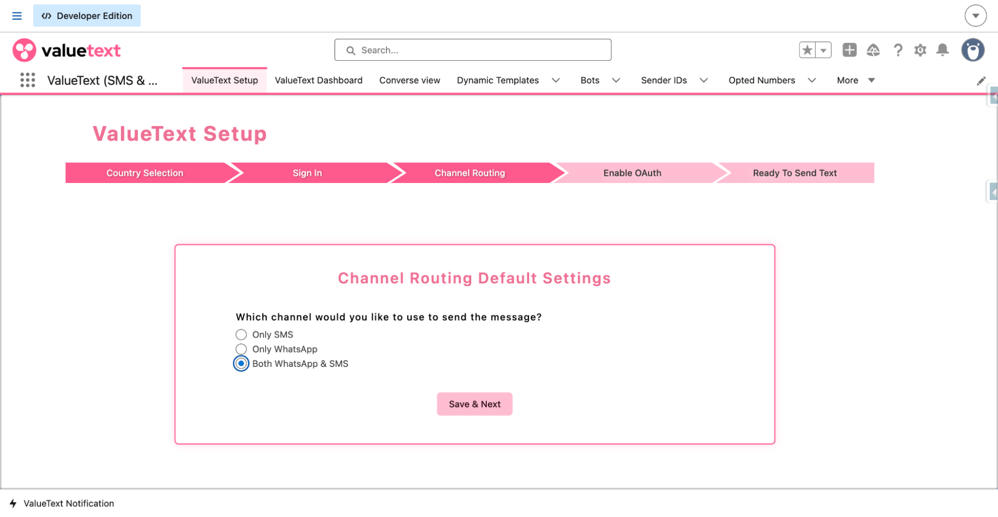 ValueText Setup wizard on the Channel Routing step, showing radio options for Only SMS, Only WhatsApp, and Both WhatsApp & SMS.