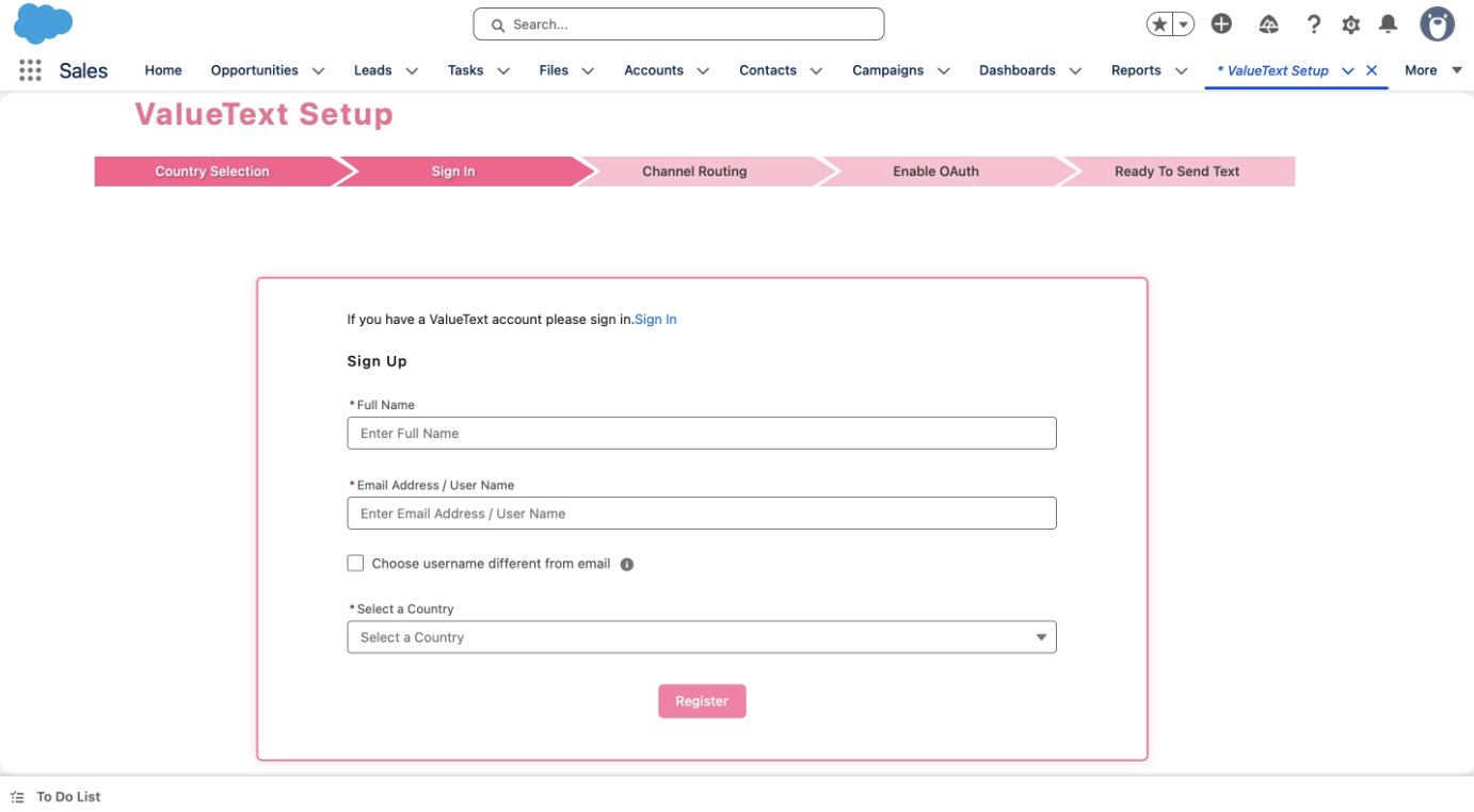ValueText Setup wizard on the Sign In step, showing the Sign Up form with Full Name, Email Address / User Name, and Select a Country fields and a Register button.