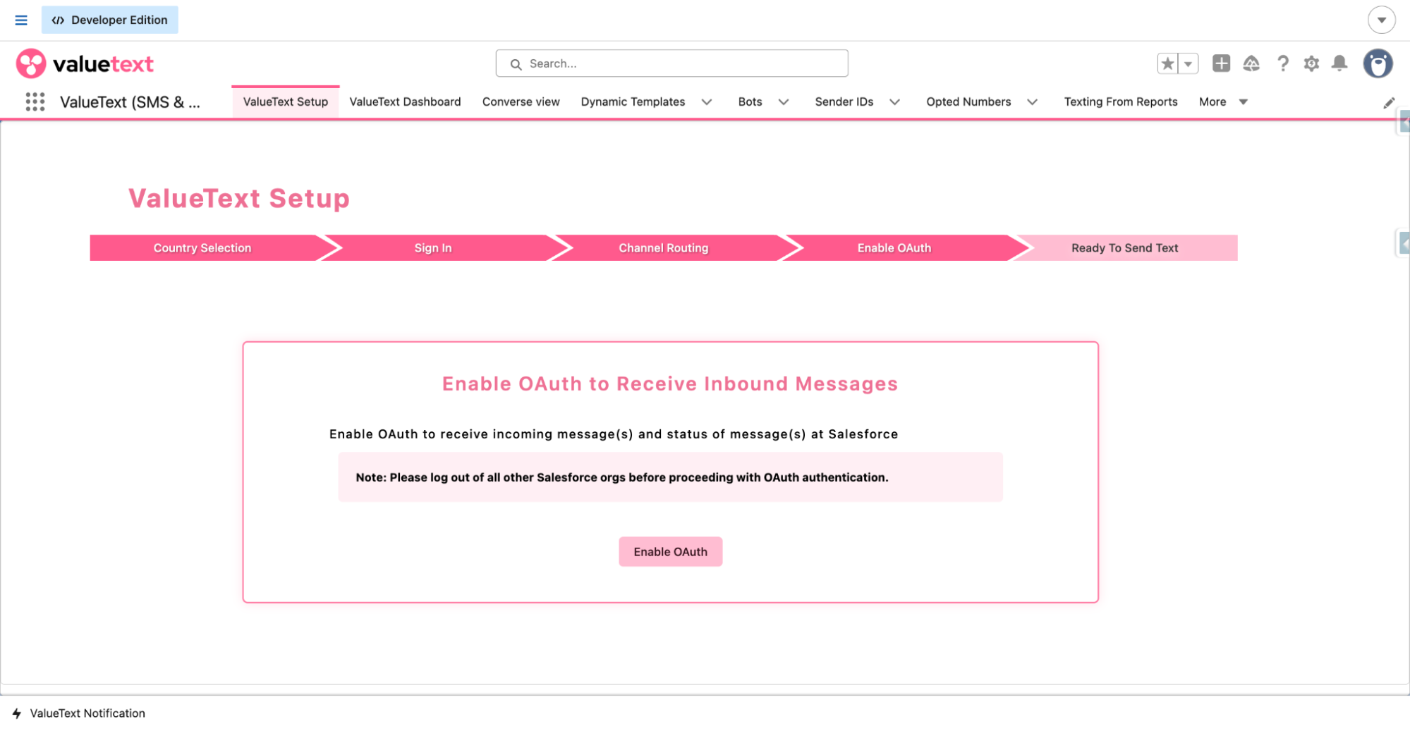 ValueText Setup wizard on the Enable OAuth step, with an Enable OAuth button and a note to log out of all other Salesforce orgs before authenticating.