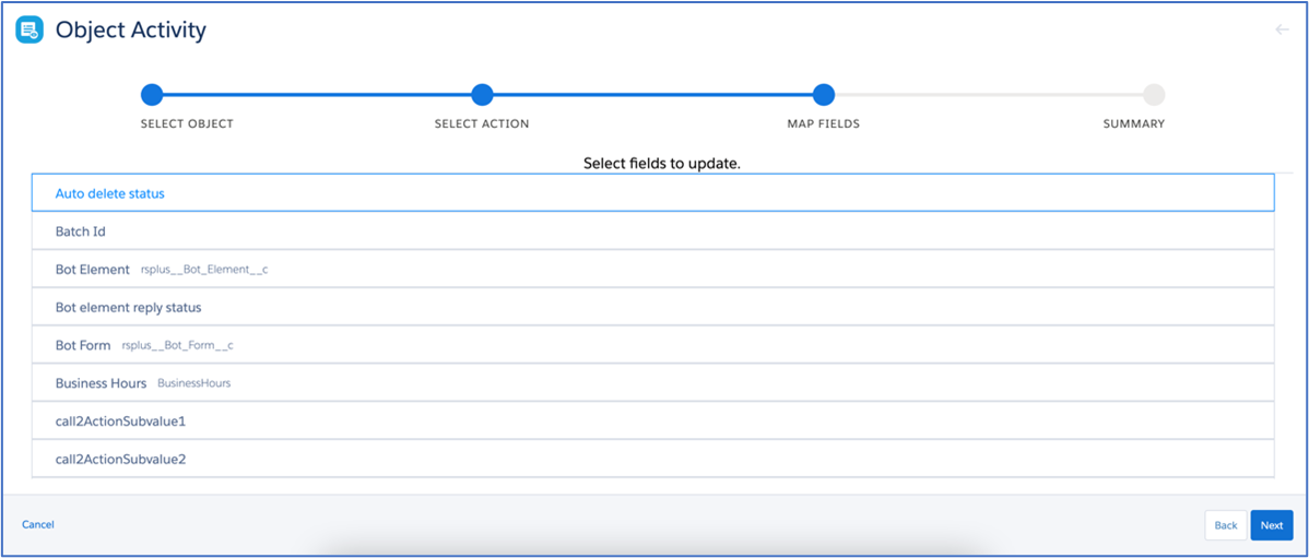 Salesforce Marketing Cloud Object Activity wizard on the Map Fields step, listing available Message Bucket fields to select, including Bot Element (rsplus__Bot_Element__c) and Bot Form (rsplus__Bot_Form__c).