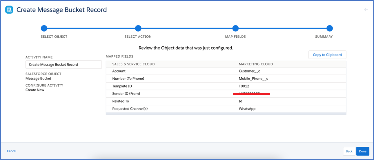 Salesforce Marketing Cloud Create Message Bucket Record summary screen, listing all six mapped fields: Account, Number (To Phone), Template ID, Sender ID (From), Related To, and Requested Channel(s).
