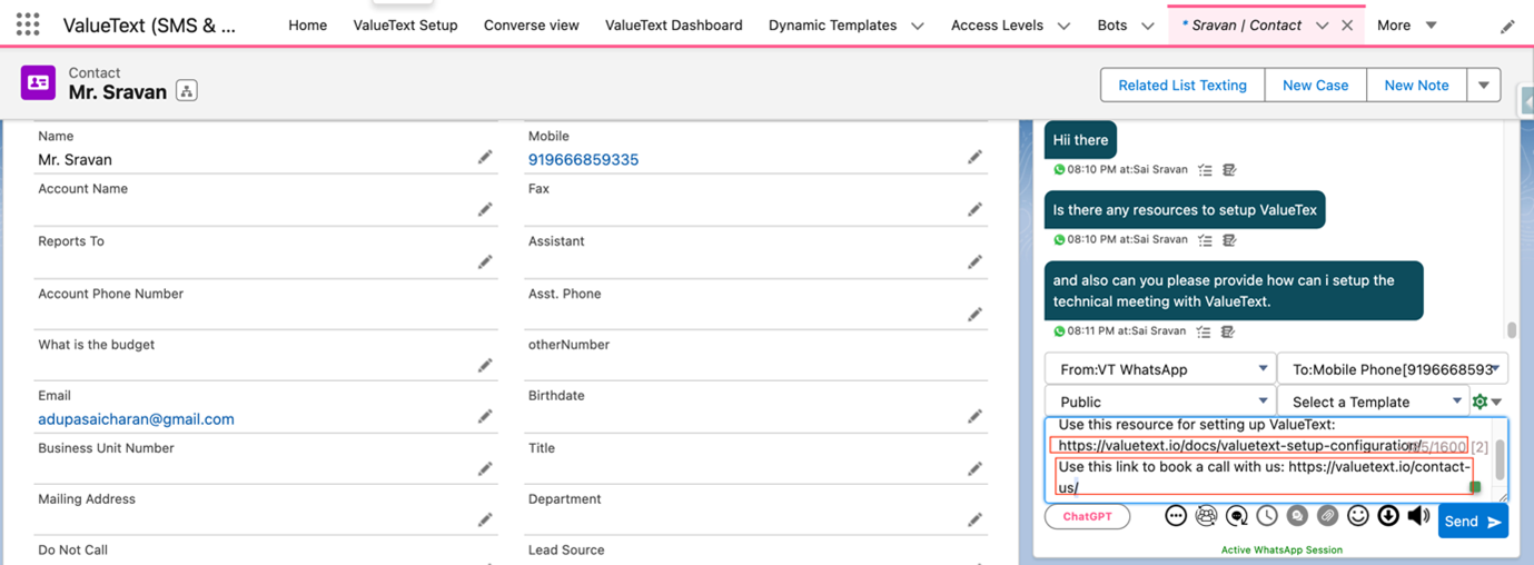 Salesforce Contact record page for Mr. Sravan with the Related List Texting panel open, showing a drafted WhatsApp message with two full-length valuetext.io URLs and a Send button.