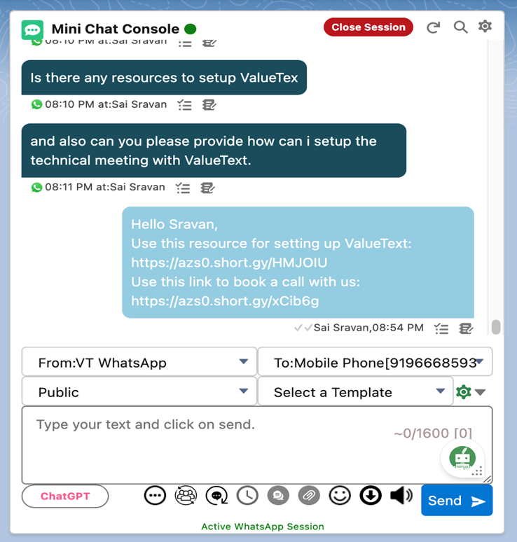 Mini Chat Console showing a sent WhatsApp message where the two long URLs have been replaced with shortened azs0.short.gy links.