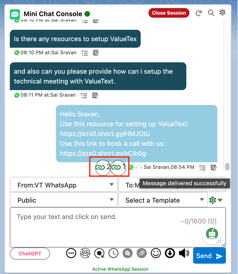 Mini Chat Console showing a sent message with two click-count icons highlighted in red next to the shortened links.