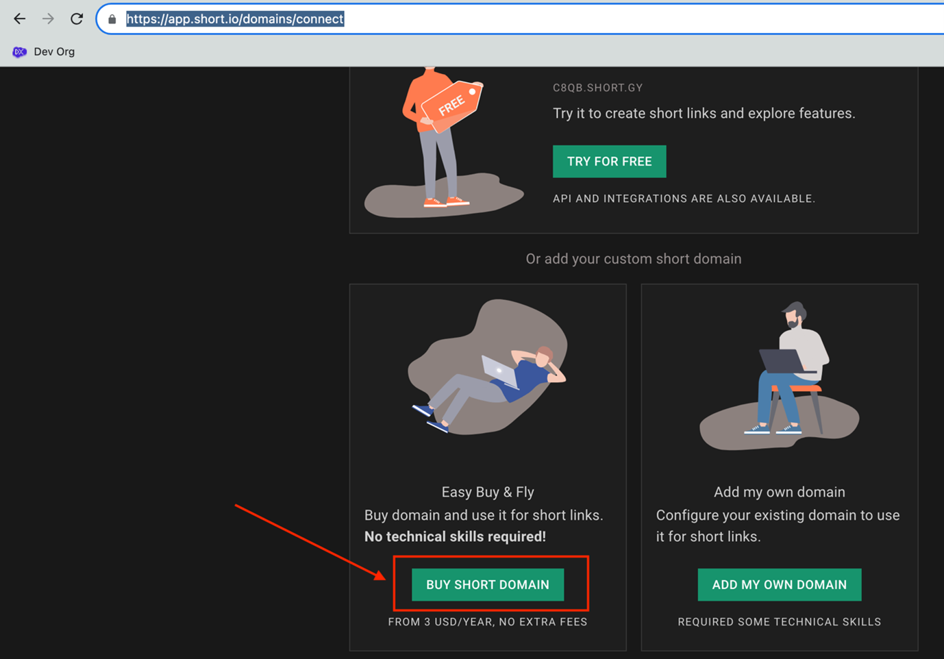 Short.io Connect a Domain page with the Buy Short Domain button highlighted under the Easy Buy and Fly option.