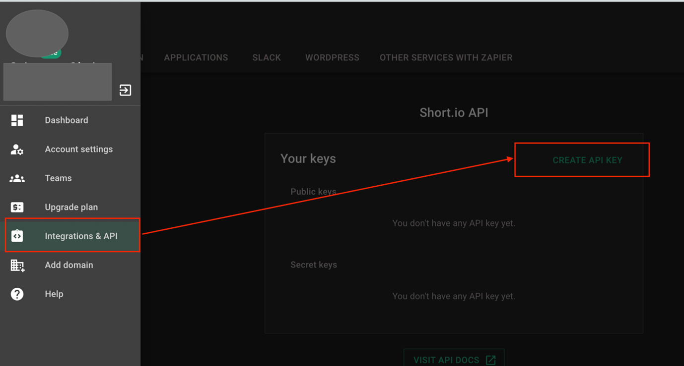 Short.io Integrations and API settings page with the Integrations and API menu item and the Create API Key button both highlighted.