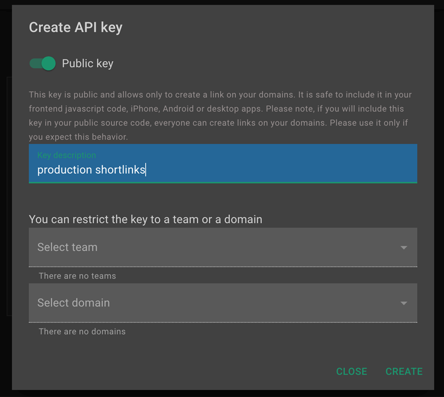 Short.io Create API Key dialog with the Public key toggle on, a key description entered, and the Create button visible.