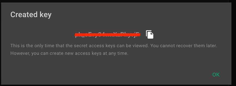 Short.io Created Key dialog showing the generated API key value with a copy icon, and a note that the key can only be viewed this one time.