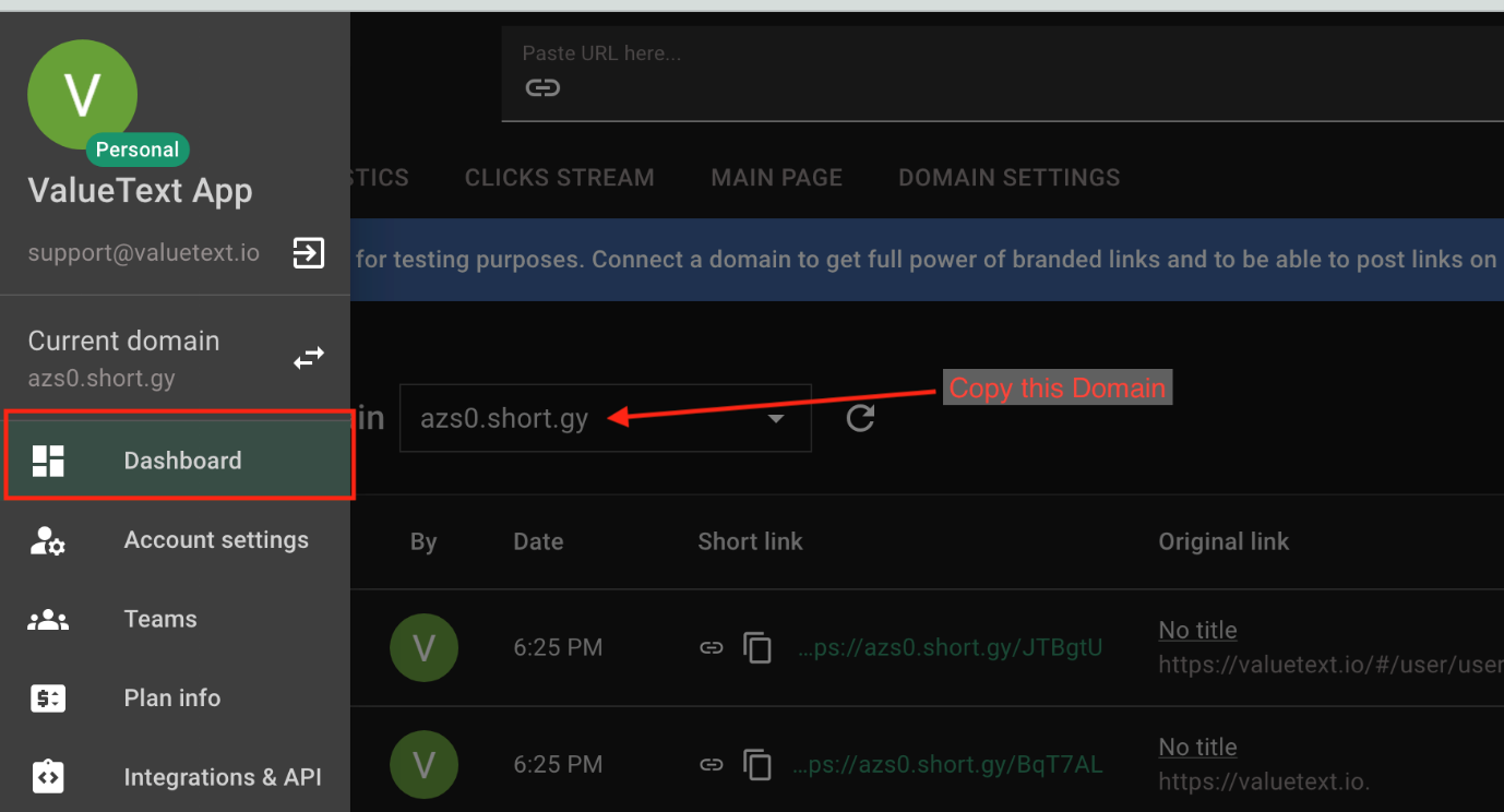 Short.io Dashboard page with the Dashboard menu item highlighted and the current domain field showing azs0.short.gy next to a Copy this Domain label.
