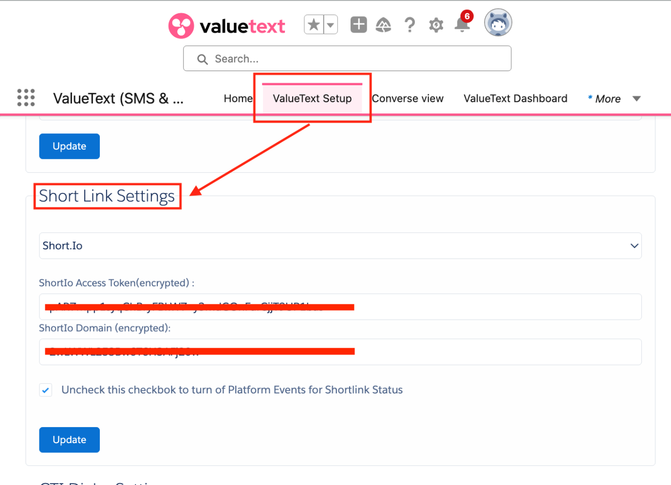 ValueText Setup tab in Salesforce with the Short Link Settings section showing Short.Io selected as the provider, the ShortIo Access Token and ShortIo Domain fields filled in, and an Update button.