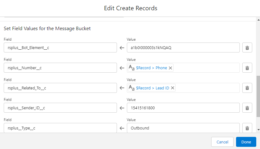 Salesforce Edit Create Records screen showing the rsplus__Bot_Element__c field populated with the copied bot element Record ID, alongside the Number, Related To, Sender ID, and Type fields.