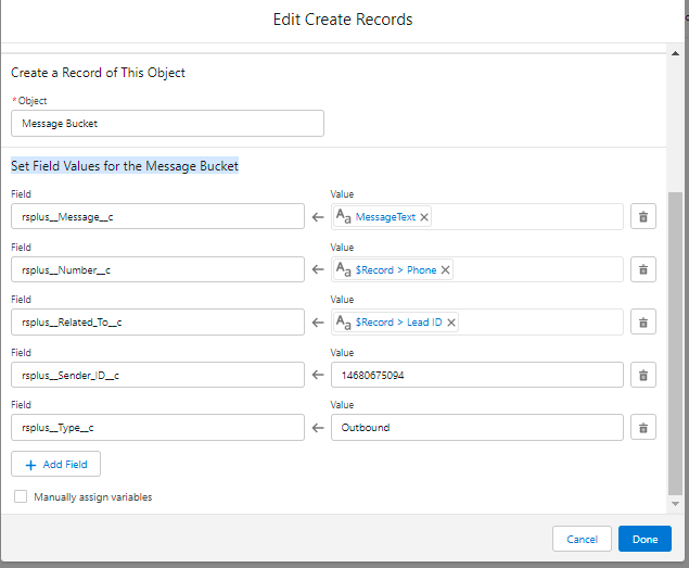 Salesforce Edit Create Records screen for the Message Bucket object, with rsplus__Message__c set to a text resource, rsplus__Number__c and rsplus__Related_To__c set to Record field references, rsplus__Sender_ID__c set to a phone number, and rsplus__Type__c set to Outbound.