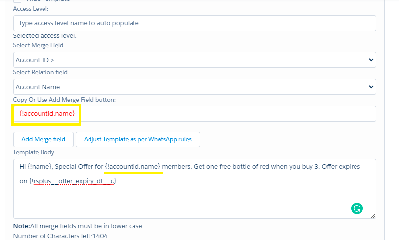 ValueText Dynamic Template Details panel with Select Merge Field set to Account ID > and Select Relation field set to Account Name, with the merge field {!accountid.name} highlighted and inserted into the Template Body alongside {!name} and {!rsplus__offer_expiry_dt__c}.