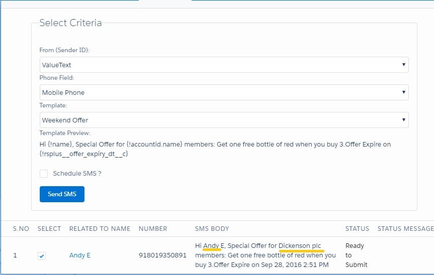 ValueText Send SMS Select Criteria panel with Sender ID set to ValueText, Phone Field set to Mobile Phone, Template set to Weekend Offer, a rendered Template Preview, and a Send SMS button above a recipient list row for contact Andy E.