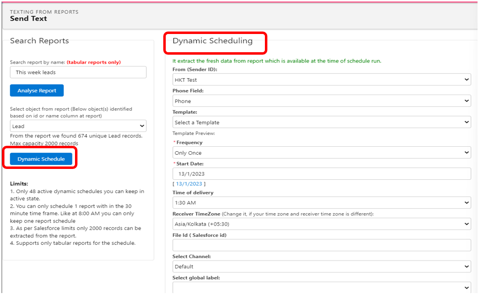 Texting From Reports Send Text screen with the Dynamic Schedule button highlighted on the Search Reports panel, and the resulting Dynamic Scheduling panel open on the right, showing the From (Sender ID), Phone Field, Template, Frequency, Start Date, Time of delivery, Receiver TimeZone, and File Id fields.