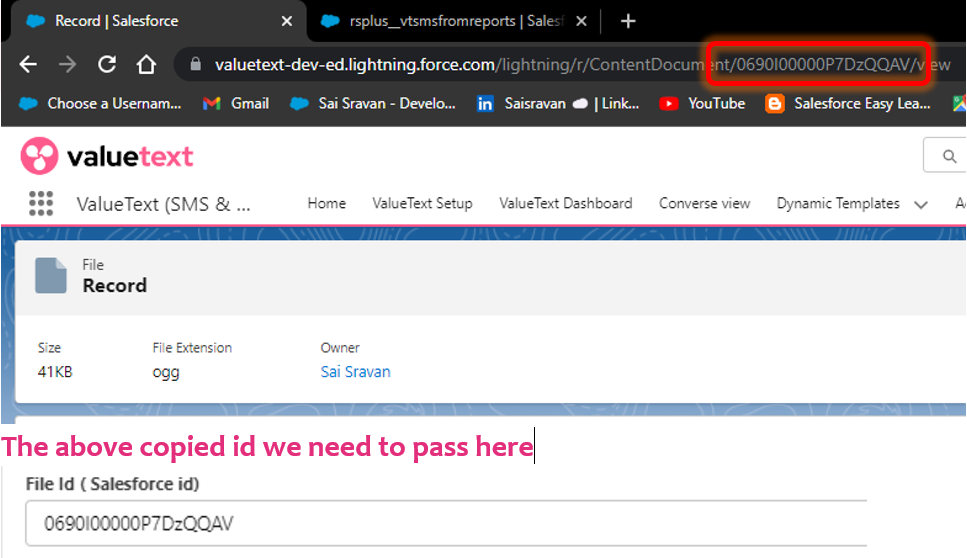 Salesforce file detail page with the ContentDocument ID highlighted in the browser's address bar, and the same ID pasted into the File Id (Salesforce id) field below.