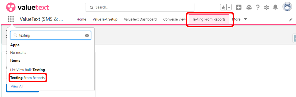 ValueText app launcher search box with