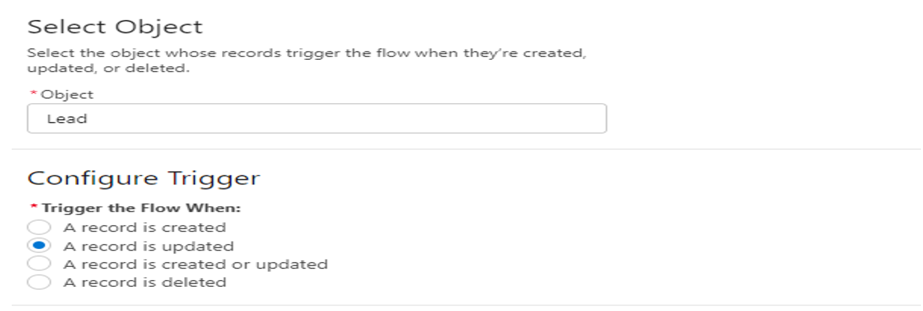 Salesforce Flow Builder's Select Object and Configure Trigger screens, showing Lead chosen as the object and A record is updated selected as the trigger condition.