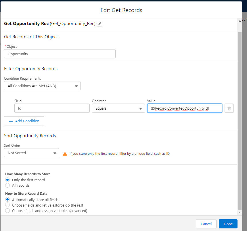 Salesforce Flow Builder's Edit Get Records screen for the Get Opportunity Rec element, set to the Opportunity object with a filter matching Id to {!$Record.ConvertedOpportunityId} and Automatically store all fields selected.