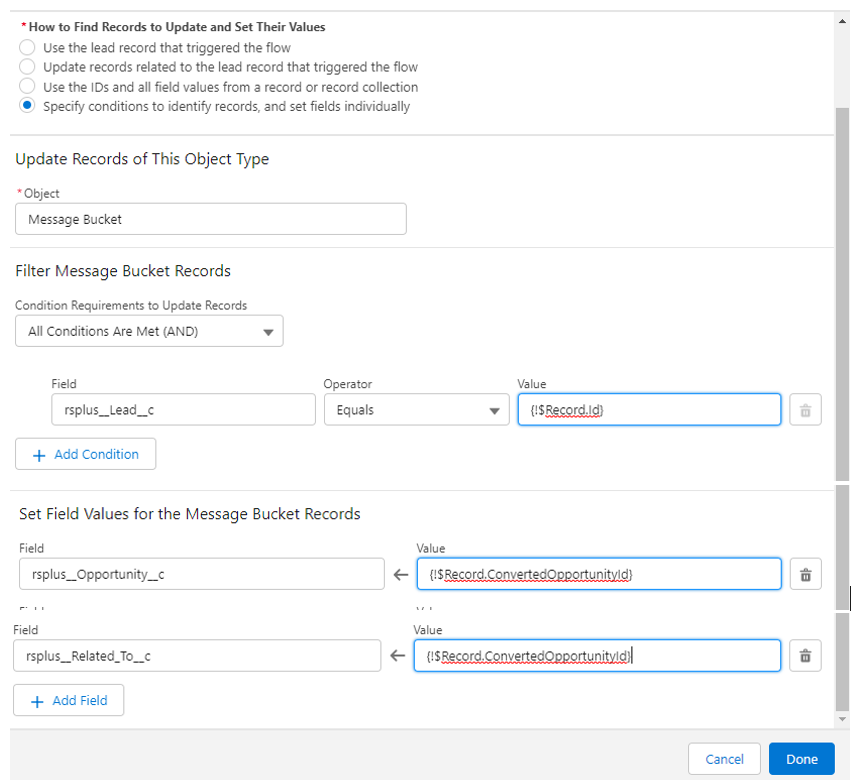 Salesforce Flow Builder's Update Records screen for the Message Bucket object, filtering on rsplus__Lead_c equals {!$Record.Id} and setting rsplus__Opportunity_c and rsplus__Related_To_c to {!$Record.ConvertedOpportunityId}.