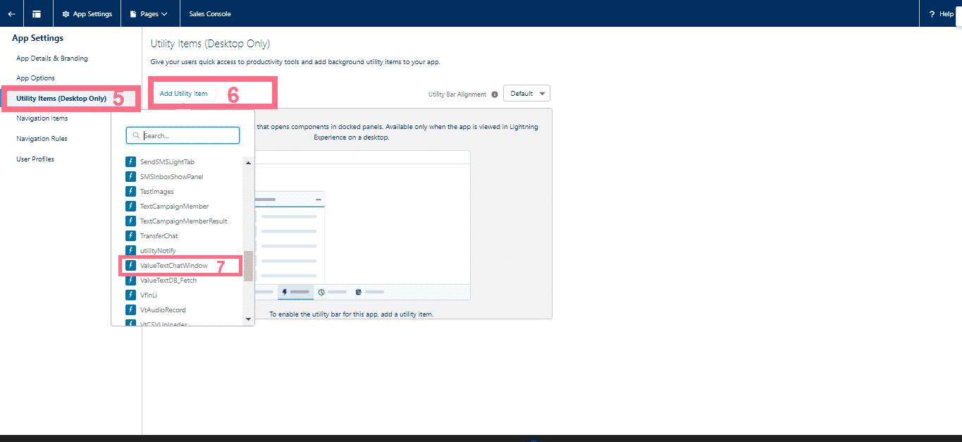 Sales Console app edit page on the Utility Items (Desktop Only) screen, showing the Add Utility Item button and the utility item dropdown list with ValueTextChatWindow highlighted in the Custom Managed section.
