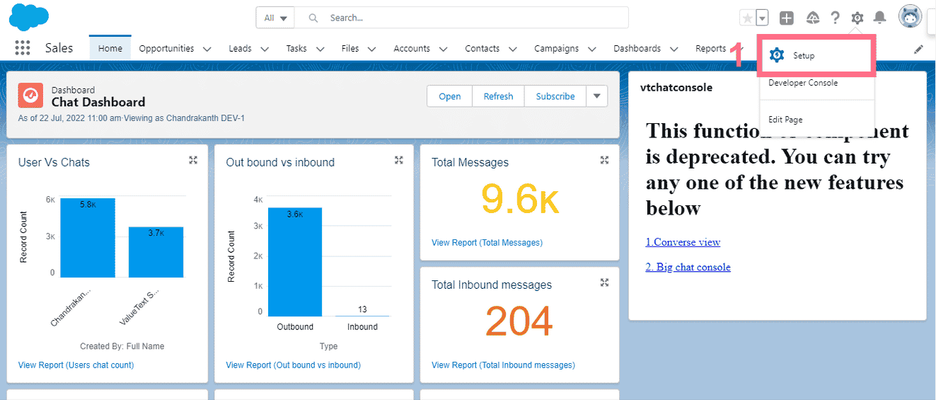 Salesforce Sales Console home page with the gear icon menu open and Setup highlighted.