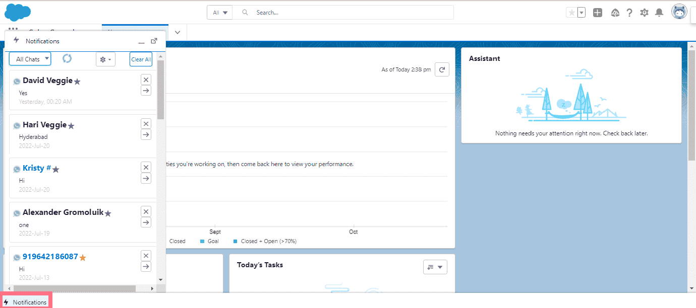 Sales Console with the Notifications utility tab open at the bottom of the screen, showing the ValueText Chat Window panel listing recent chats under an All Chats filter.