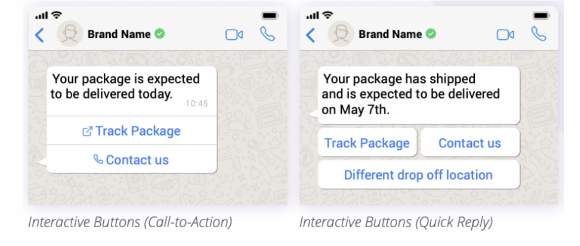 Two WhatsApp message mockups side by side: a Call-to-Action template with a package delivery message and Track Package and Contact us buttons, and a Quick Reply template with a package shipped message and Track Package, Contact us, and Different drop off location buttons.