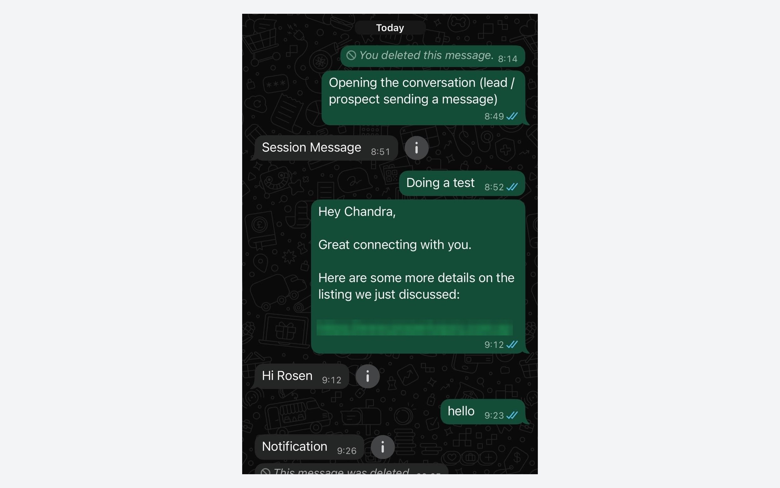 The WhatsApp Business App on the business phone, showing the same conversation, including the messages sent from Salesforce.