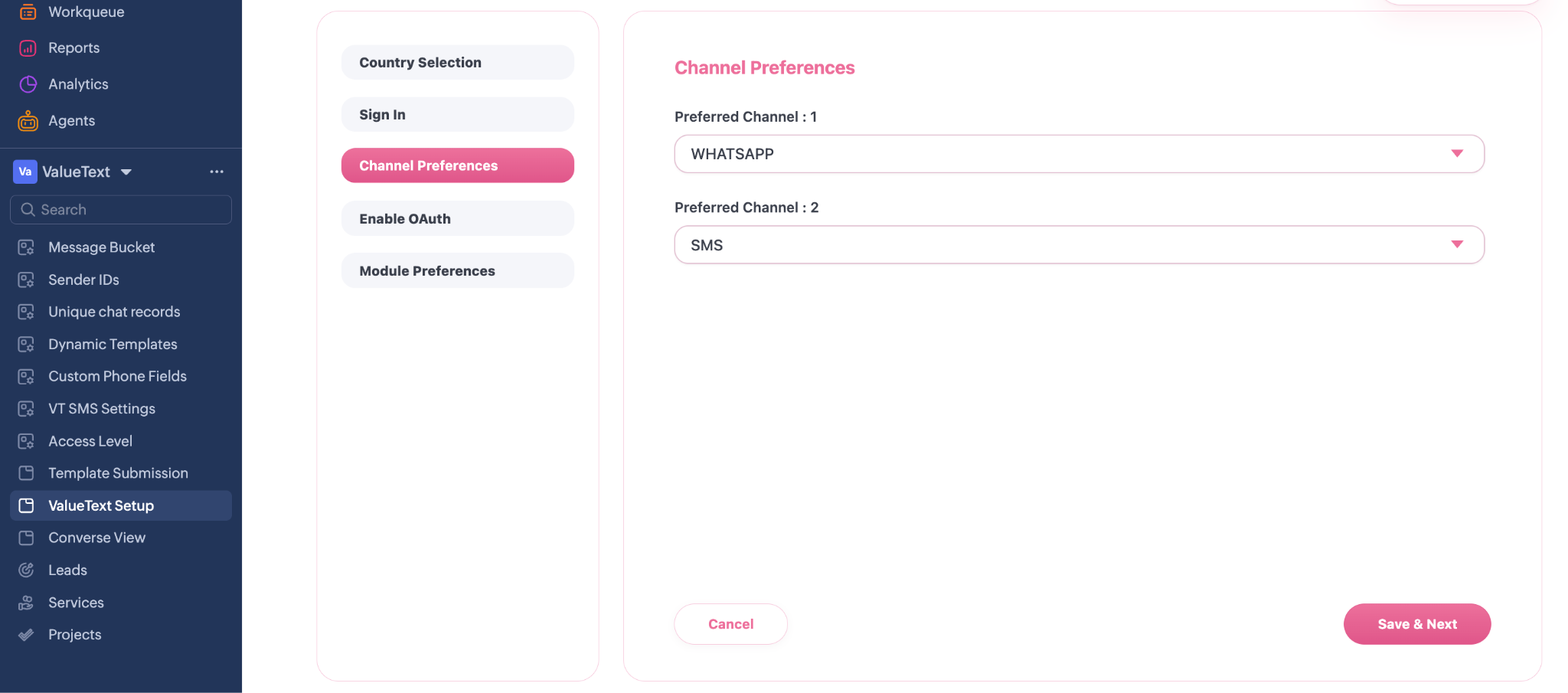 Channel Preferences with Preferred Channel 1 set to WhatsApp and Preferred Channel 2 set to SMS
