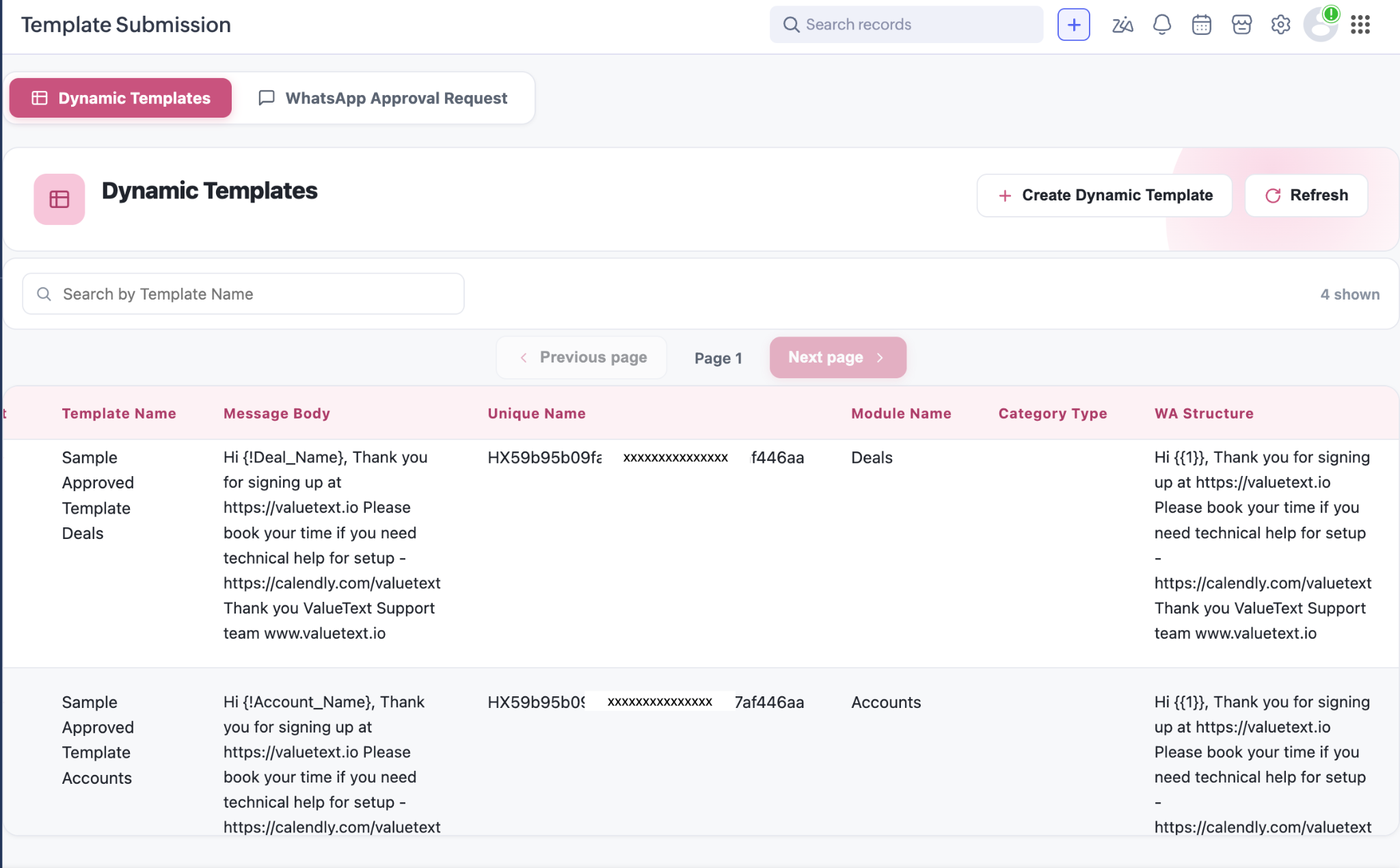 The Template Submission tab, Dynamic Templates view, listing templates with Template Name, Message Body, Unique Name, Module Name, Category Type and WA Structure