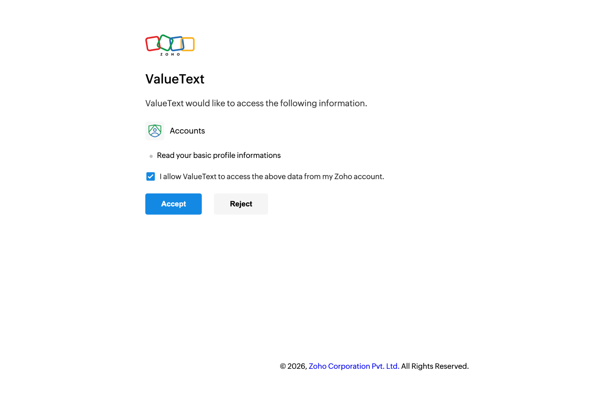 Zoho's authorization page asking to let ValueText read basic profile information, with Accept and Reject buttons