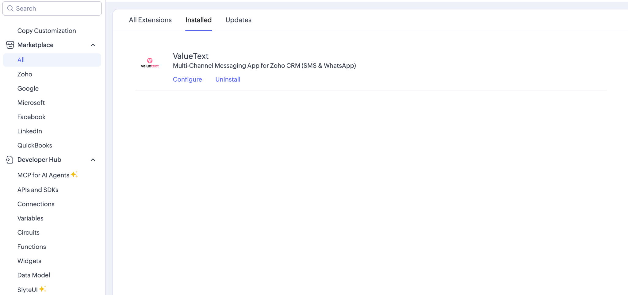 Zoho CRM's Installed extensions list showing ValueText, Multi-Channel Messaging App for Zoho CRM, with Configure and Uninstall links