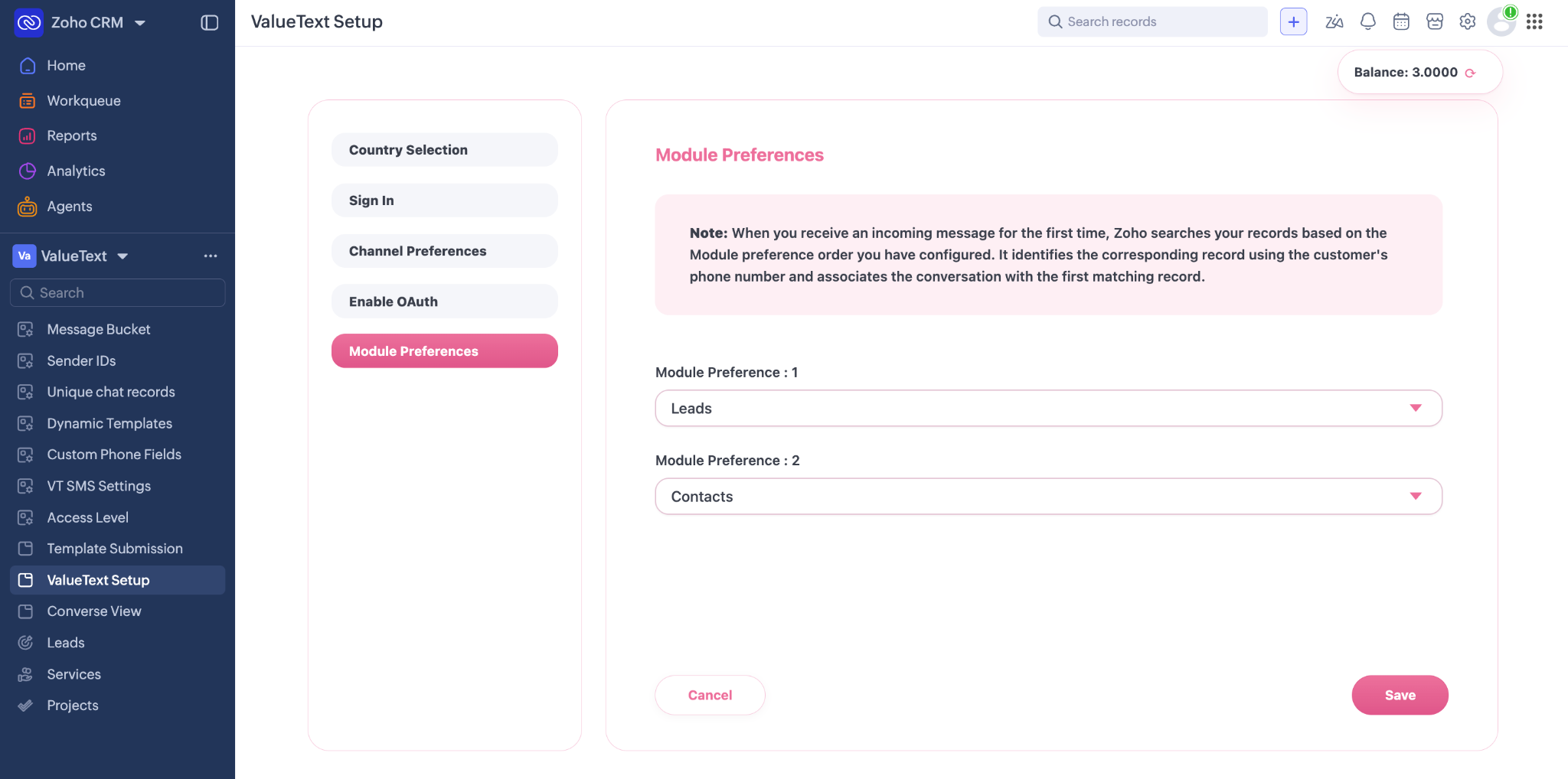 Module Preferences with Module Preference 1 set to Leads and Module Preference 2 set to Contacts, the wallet balance shown top right