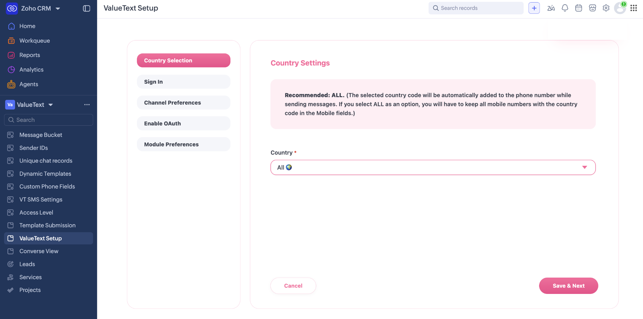 The ValueText Setup tab in Zoho CRM on Country Selection, the five wizard steps down the left and Country set to All