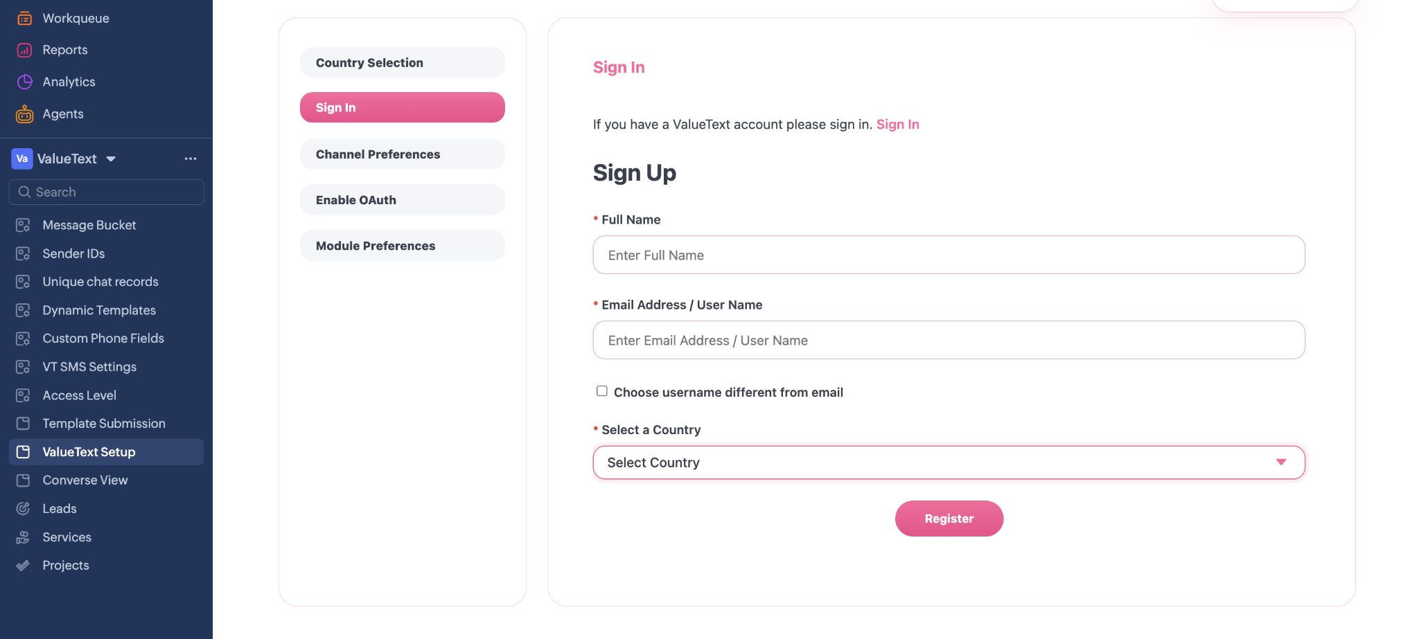 The Sign Up form: Full Name, Email Address / User Name, the option to choose a username different from email, a country selector and a Register button