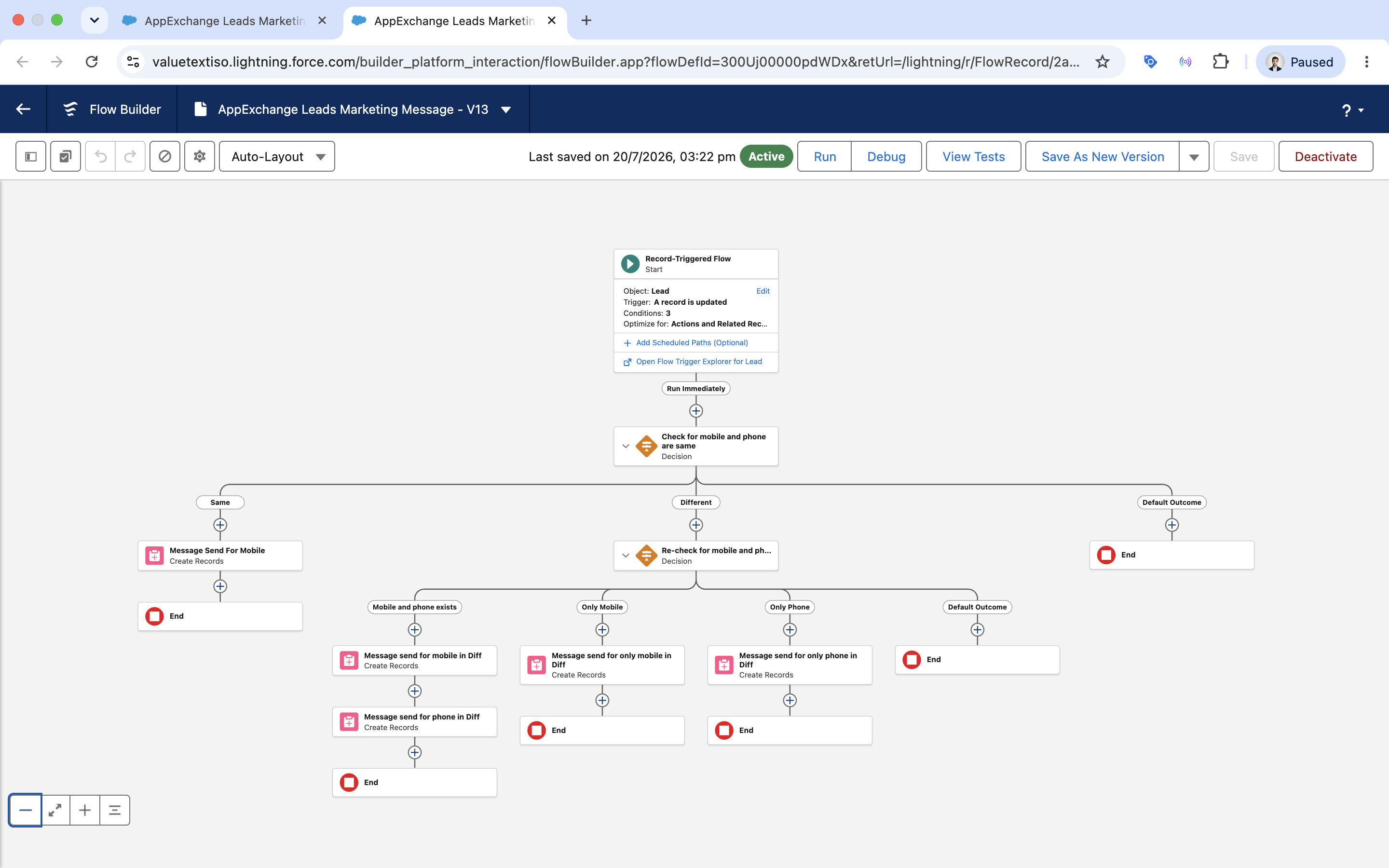 A record-triggered Flow on Lead, branching on which phone fields are populated, with a Create Records element on each path building the Message Bucket.