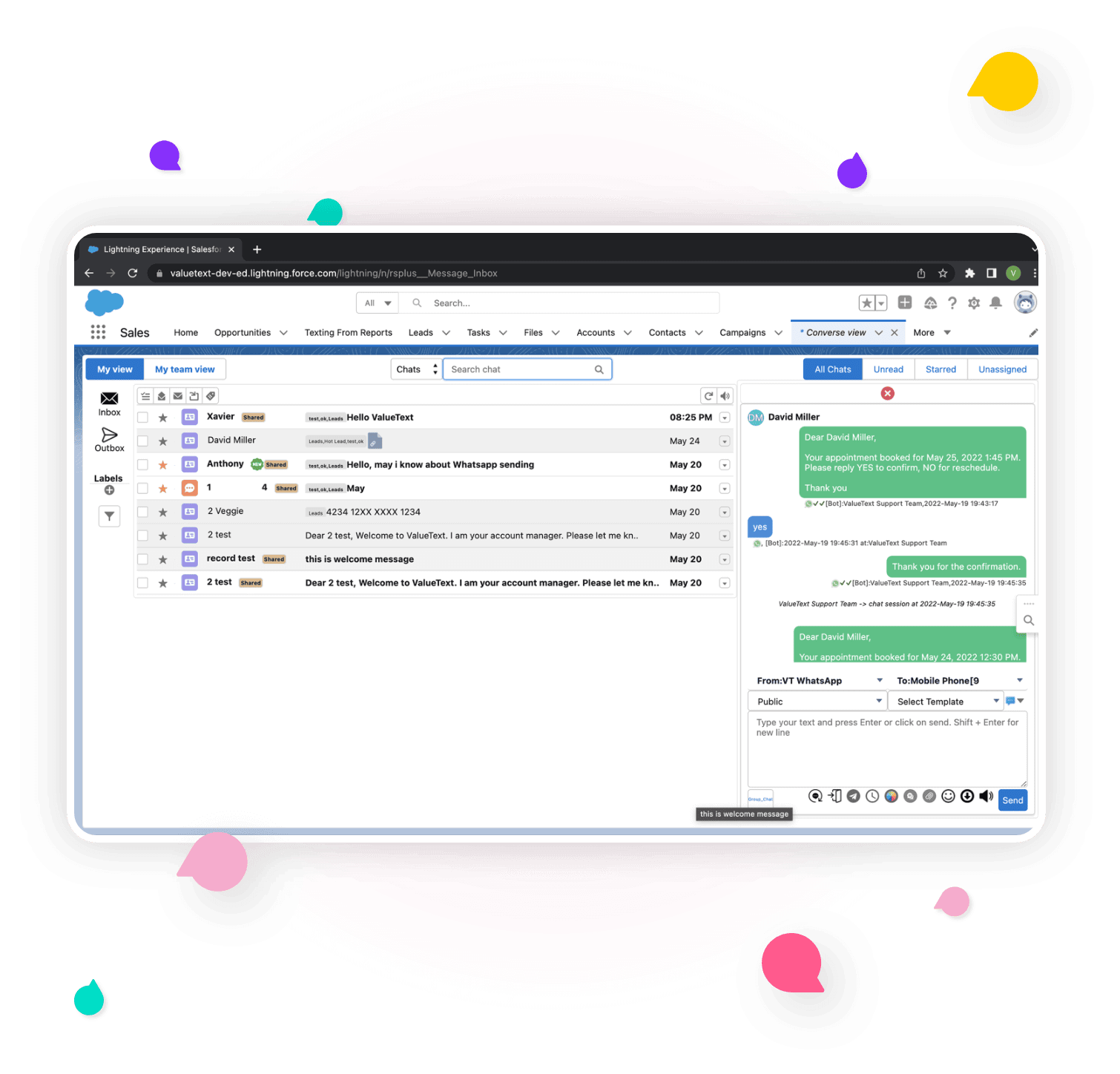 Converse Inbox view in ValueText - Salesforce messaging app for Salesforce SMS Integration