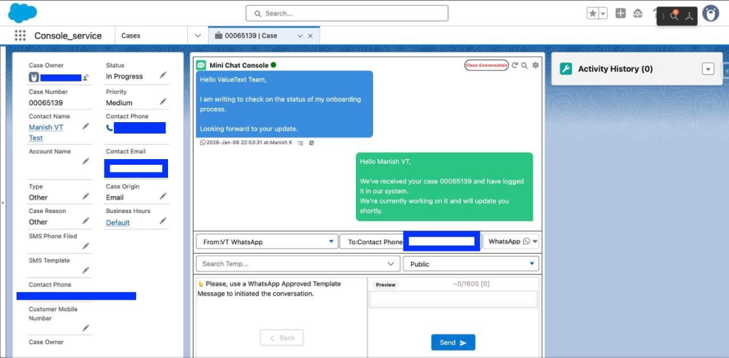 Salesforce Service Console screenshot showing WhatsApp case status conversation with an acknowledgement message sent from ValueText